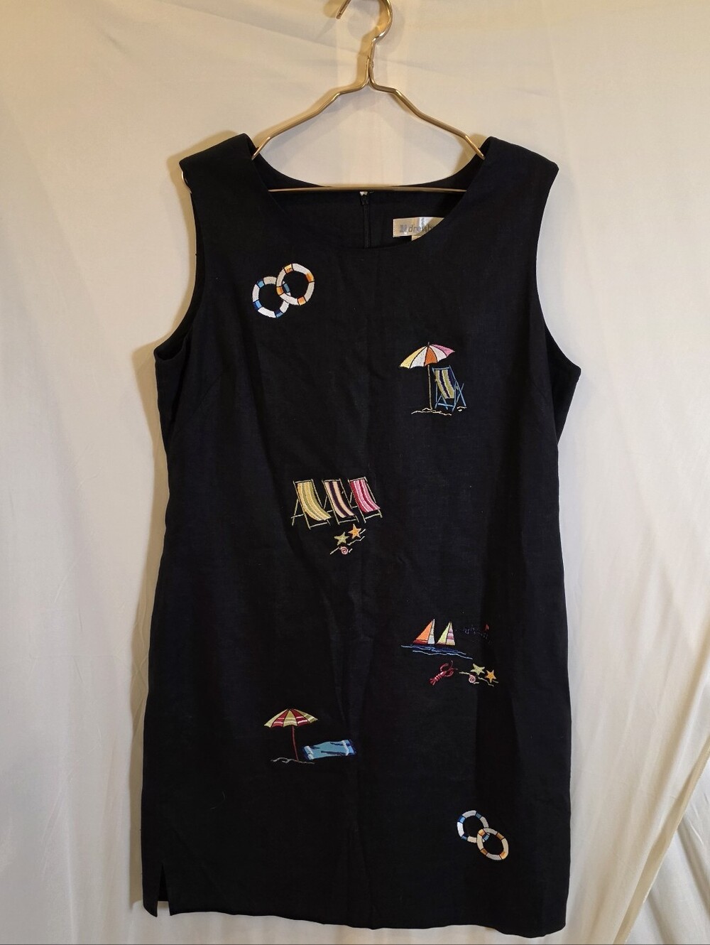 Vintage Dressbarn Linen Blend Embroidered Beach Sheath Shift Dress Black 16